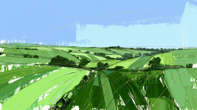 Abstract landscape painting with green fields and blue sky