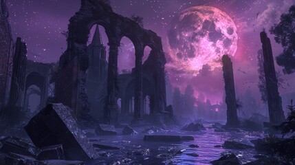 A surreal scene of a purple dystopia with cosmic winds swirling around boutique ruins, creating a mix of beauty and destruction. - obrazy, fototapety, plakaty