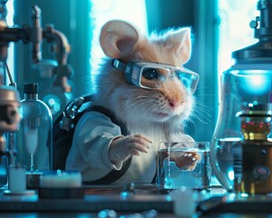 Hamster in professional wear fine-tunes a water filtration system design, realistic , cinematic style. - obrazy, fototapety, plakaty