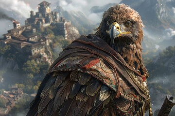 A fierce eagle warrior, clad in barbarian attire, stands boldly in a post-apocalyptic landscape filled with monsters. Ancient Nexus ruins tower in the background. - obrazy, fototapety, plakaty
