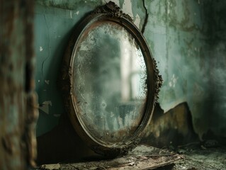 An eerie close-up of a dusty mirror in an empty room, showing a mysterious figure that vanishes upon a second look. Haunting and suspenseful atmosphere. - obrazy, fototapety, plakaty