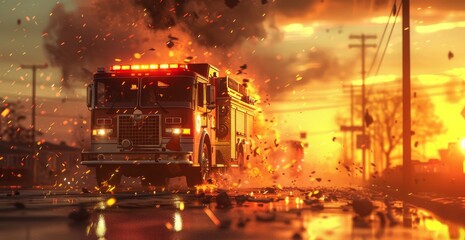 A transparent fire truck speeds through chaos under a golden sunset, creating a whimsical yet catastrophic scene. - obrazy, fototapety, plakaty