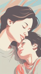 High angle shot of a mother and son in a playful moment , cute, simple 2d style pastel colors