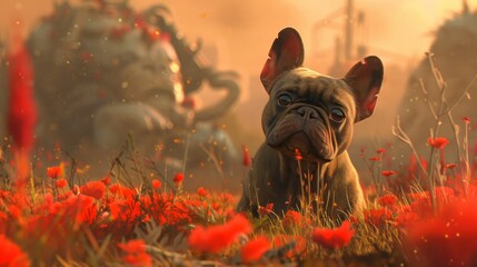A baby French Bulldog explores a surreal wasteland filled with towering behemoths in a 2D illustration, capturing a sense of lost value and wonder.