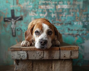 A peaceful beagle resting at the base of a wooden cross, surrounded by playful publisher sketches in the background.