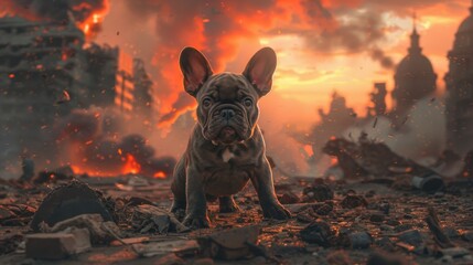 A tiny French Bulldog explores a surreal wasteland filled with giant creatures, in a 2D illustrated world. The search for meaning is evident. - obrazy, fototapety, plakaty