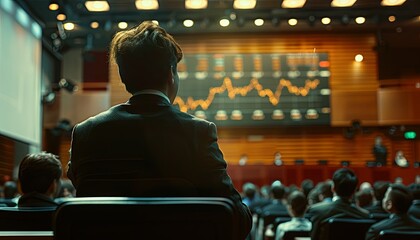 In a seminar, a speaker demystifies stock market fundamentals for novices, realistic ,  cinematic style.