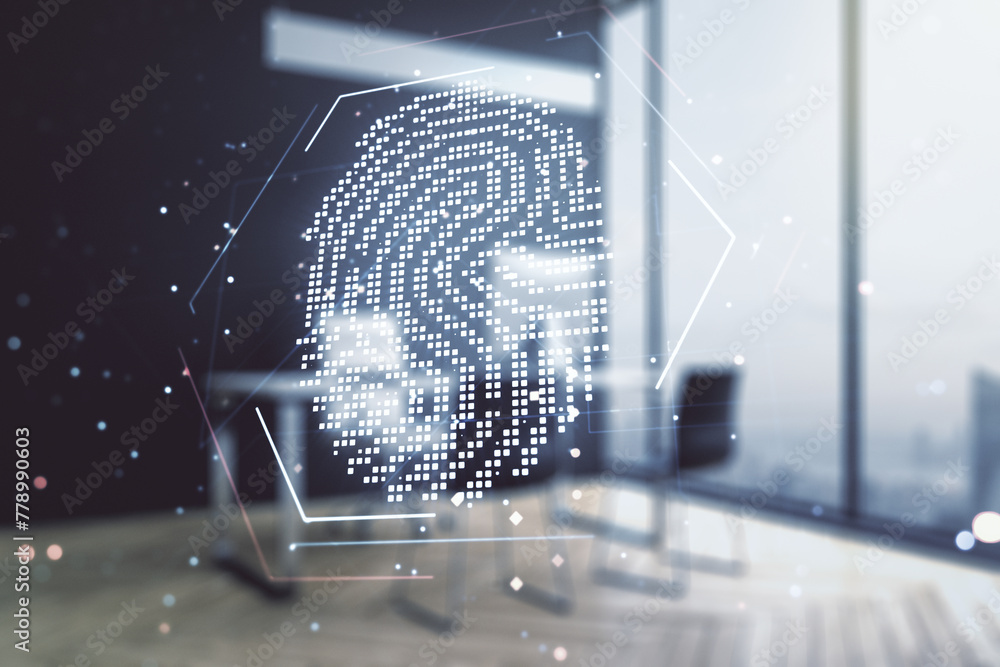 Poster multi exposure of abstract fingerprint scan interface and modern desk with computer on background, d