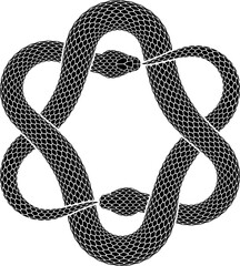 Vector tattoo design of two black snakes biting their tails intertwined in the shape of hexagram sign. Isolated black silhouette of Ouroboros symbol.