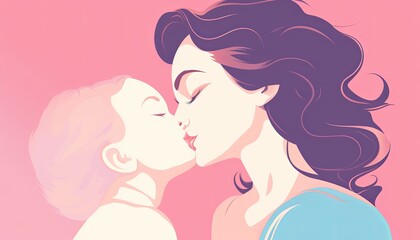 Intimate moment of a mother kissing her child's forehead , cute, simple 2d style pastel colors