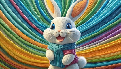 Un alegre y simpático conejo hecho con tiras de plastilina de colores. Tema infantil