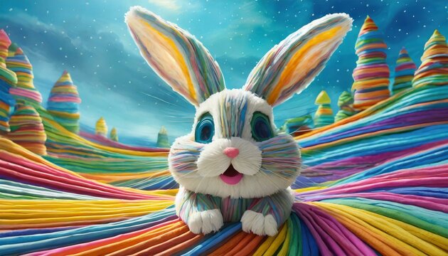 Un alegre y simp&aacute;tico conejo hecho con tiras de plastilina de colores. Tema infantil