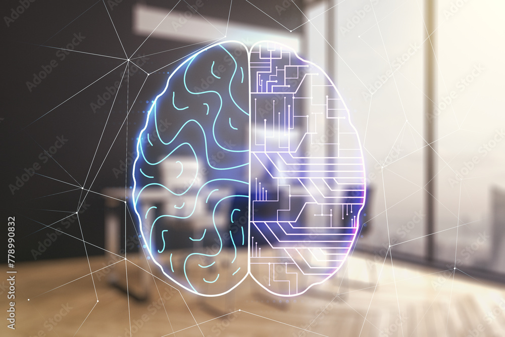 Poster creative artificial intelligence concept with human brain sketch and modern desktop with pc on backg