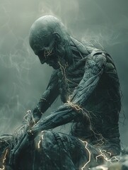 A dark fantasy artwork of a character performing spinal bone cracking, releasing mystical energies