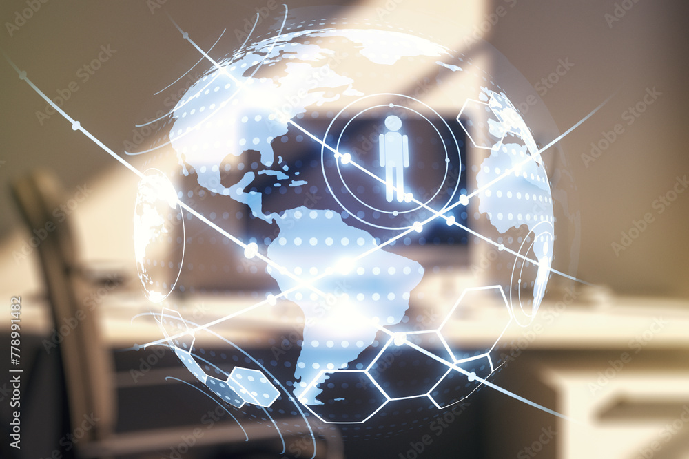 Aufkleber Social network media concept with world map and modern desktop with pc on background. Double exposure