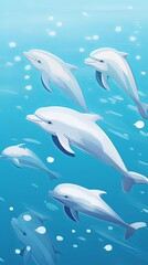 Naklejka premium Overhead shot of a group of baby dolphins swimming in crystal clear waters, cute, simple 2d style pastel colors