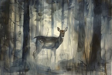 A gentle deer in a misty watercolor forest