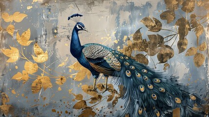 A mesmerizing blend of nostalgia and modernity, with a peacock gracefully portrayed amidst golden brushstrokes on a textured background inspired by oil paintings. 
