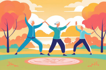A group of elderly people doing Chinese gymnastics, qigong or fitness in the park. Active lifestyle. Longevity. Illustration