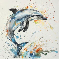 A playful watercolor dolphin leaping from the ocean
