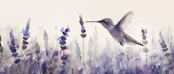 A watercolor hummingbird hovering over a field of lavender
