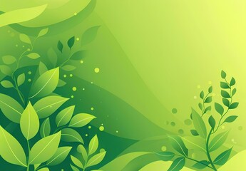 Fototapeta na wymiar Green background with abstract shapes and plant elements, flat design style, with white lines on the left side of the frame for text or title space. Eco friendly product and advertising 