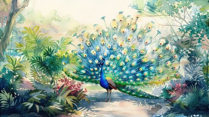 A watercolor scene of a peacock displaying its feathers in a lush garden