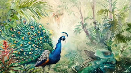A watercolor scene of a peacock displaying its feathers in a lush garden