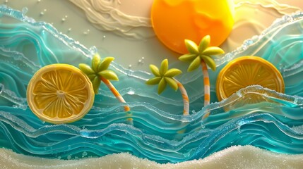 Fototapeta na wymiar Citrus Paradise Island with Zesty Ocean Waves