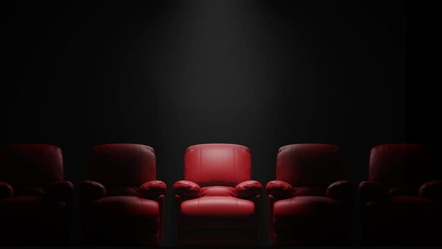 Red sofa Seat in front of black wall with spotlight, dark room