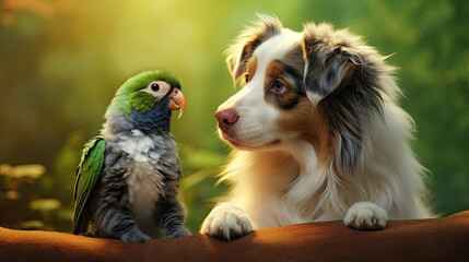 Obraz premium happy dog with bird, love concept