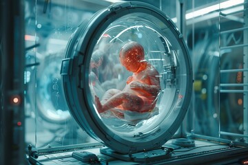 A prenatal examination with AI technology, visualizing the baby in futuristic detail - obrazy, fototapety, plakaty