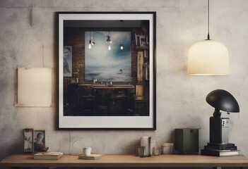 Mock up poster frame in hipster interior background