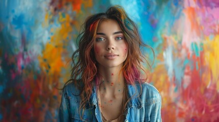 Obraz na płótnie Canvas A woman artist splattering paint on a canvas with uninhibited expression