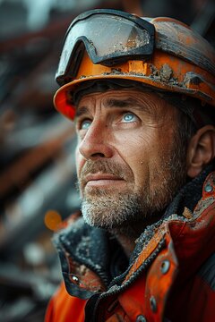 Builder in control room monitoring building demolition, Extreme Close Up