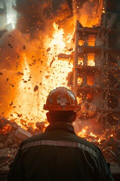 Builder in control room monitoring building demolition, Extreme Close Up