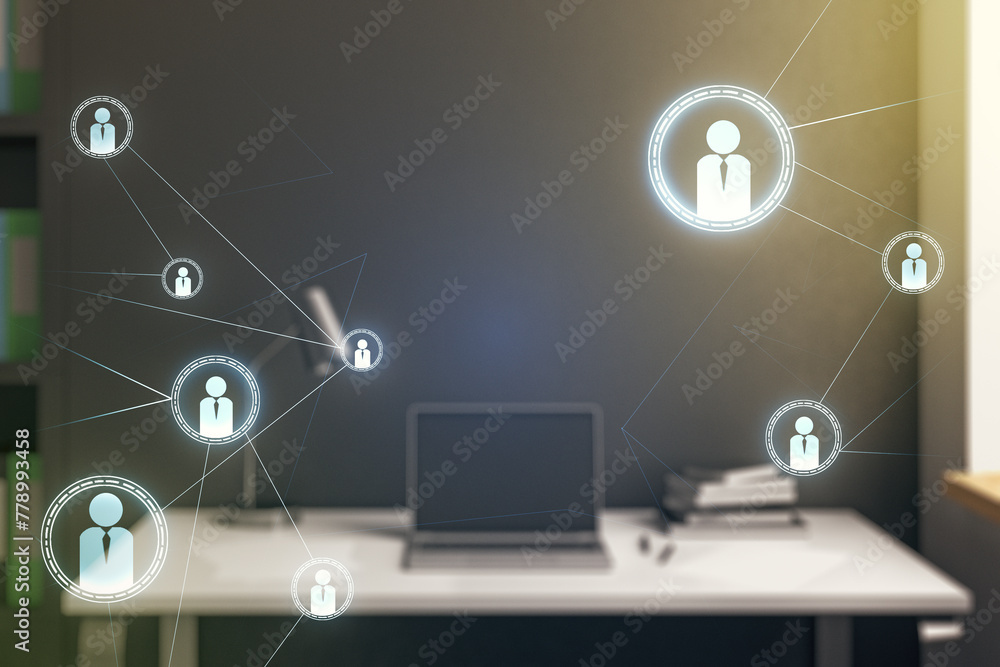Poster social network concept and modern desktop with computer on background. multiexposure