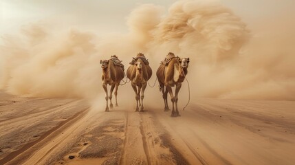 Resilient camels in harsh sahara desert sandstorm  survival amid blowing sands and raw conditions - obrazy, fototapety, plakaty