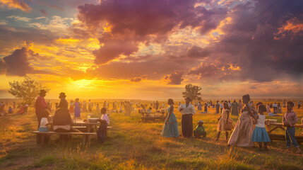 Rustic Outdoor Gathering at Sunset with Vibrant Sky and Community Interaction