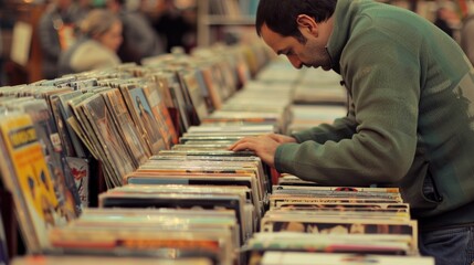 A man enjoying a leisurely afternoon shopping for vintage records, surrounded by colorful album covers.