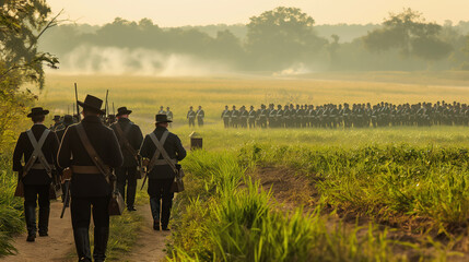 Historical Reenactment of Soldiers Marching through a Misty Field at Sunrise - obrazy, fototapety, plakaty