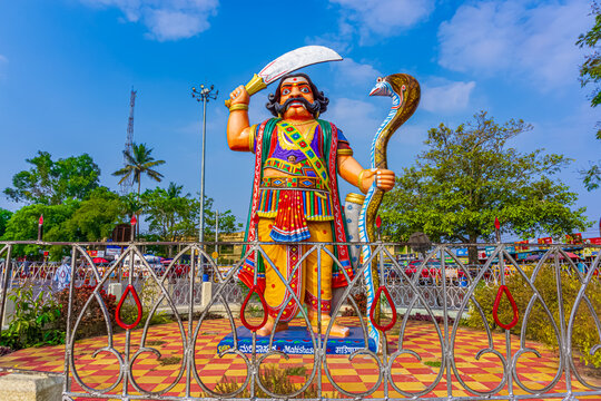 Mahishasura Statue at Chamundi Hill. He is a bovine asura in Hinduism. Mahishasura the demon was born as a union of Rambha and a she buffalo (Mahishi) & consequently was a half man & half buffalo.
