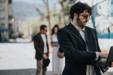 Professional man working on a laptop outside with business colleagues talking in the blurry background.