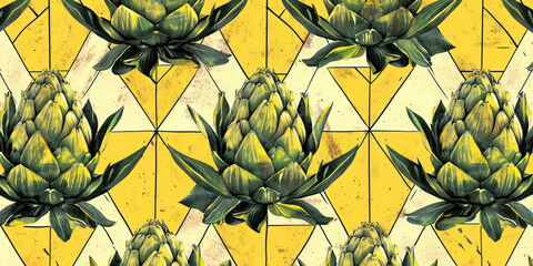 Artichoke pattern on yellow and white background with green leaves, modern botanical design concept on colorful backdrop