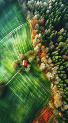 Tranquil aerial view of a solitary red house surrounded by vibrant greenery in a peaceful rural landscape