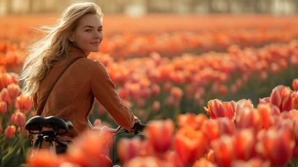 Poster Adventurous blonde on a bike, exploring a vibrant tulip field in the spring sunshine © Parinwat Studio