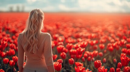 Adventurous blonde on a bike, exploring a vibrant tulip field in the spring sunshine - obrazy, fototapety, plakaty