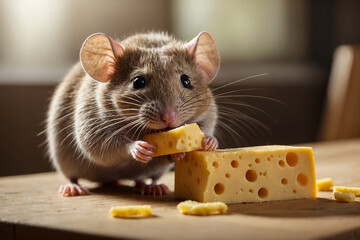 A little gray mouse eats a piece of cheese