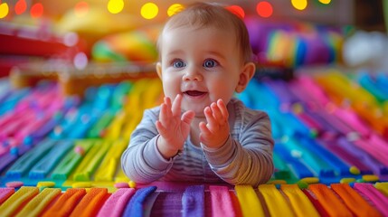Baby clapping hands, surrounded by musical instruments