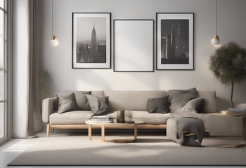 Mock up poster frame in modern interior background living room Contemporary style 3D render 3D illus